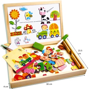 Set din Lemn 2 in 1, Model Ferma, cu Tablite, Magneti, creta, carioca, burete, 62 piese #JJ5153