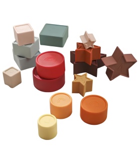 Set Educativ tip Montessori din Lemn si Silicon, cu Forme Geometrice Stivuibile, Multicolor #JJ5460 - Img 3