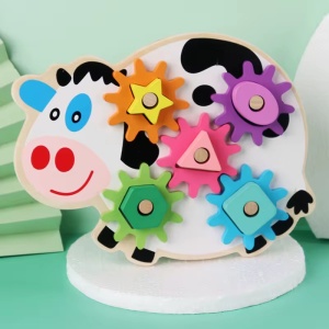 Sortator din Lemn Vacuta cu Roti Dintate, forme geometrice, tip Montessori, Multicolor #JJ5424 - Img 2