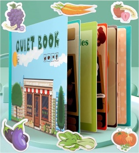 Carte interactiva Quiet Book Montessori, piese cu scai reutilizabile, Model Fructe si Legume, 10 pagini, #JJ5662 - Img 6