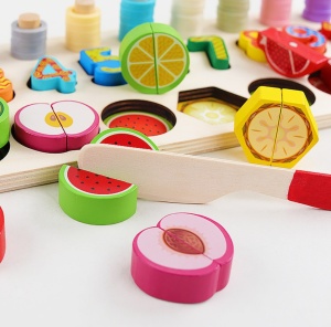 Joc educativ din lemn tip Montessori, 3 in 1: sortator culori, cifre și fructe pentru feliat #JJ5043 - Img 5