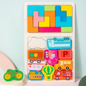 Joc Geometric 2 in 1 tip Tetris din Lemn, Model Masini, Potrivire Logica, 21 piese #JJ5166