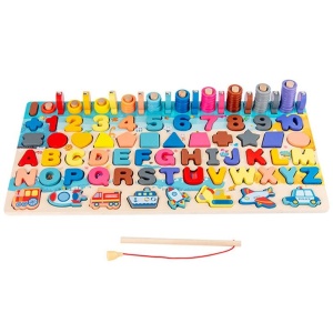 Joc Montessori din Lemn 7 in 1 cu Litere, Cifre, Inele, Pestisori, Vehicule, si Forme Geometrice #JJ5144