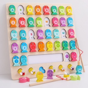 Joc Montessori magnetic de pescuit din lemn, Alfabet, Numere și Albinute #JJ5012