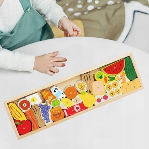 Joc Puzzle Montessori Alimente din Lemn, tip Tetris, 3D, 26 piese #JJ5038