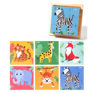 Puzzle 3D din Lemn, 9 Cuburi, 6 Fete, Model Animale Salbatice, tip Montessori #JJ5489