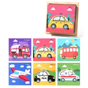 Puzzle 3D din Lemn, 9 Cuburi, 6 Fete, Model Masini, tip Montessori #JJ5492