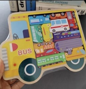 Puzzle 3D din Lemn tip Tetris, Autobuz scolar cu Vehicule,12 piese #JJ5258 - Img 5