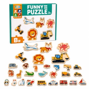 Puzzle din Lemn 38 buc din 2-4 piese, Animale, Vehicule, Unelte si Mijloace de Transport , Multicolor #JJ5675