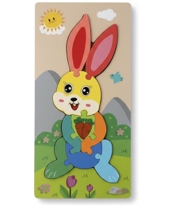 Puzzle din lemn cu placa suport, Iepuras, 9 piese mari, 30x15cm, Multicolor #JJ5611