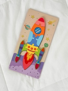 Puzzle din lemn cu placa suport, Racheta, 10 piese mari, 30x15cm, Multicolor #JJ5597 - Img 3