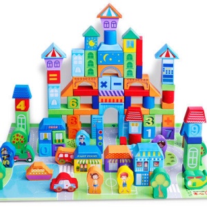 Set 100 Cuburi de Construit din Lemn, Model Urban Traffic, multicolor #JJ5292