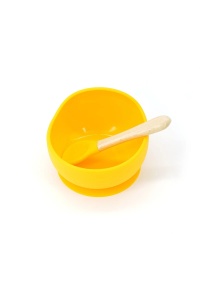 Set 2 piese Diversificare Bebelusi din Silicon, Bol cu ventuza, Lingurita din Lemn si Silicon, fara alergeni, Galben #JJ5605 - Img 2