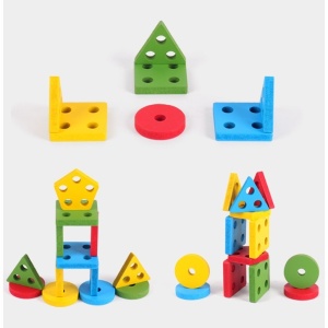 Sortator Montessori din lemn cu 5 coloane de pini și 20 forme geometrice #JJ5105 - Img 5