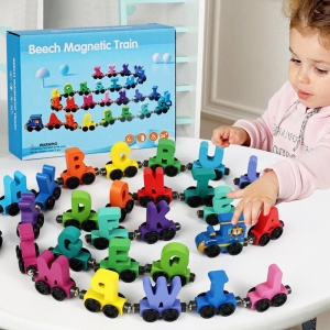 🌈Oferta zilei❗Trenulet educativ din Lemn, Magnetic, Model Alfabet, 27 piese #JJ5538