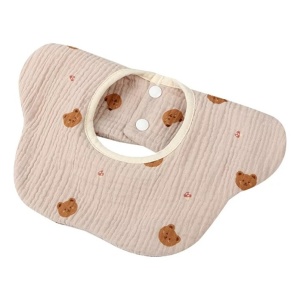 Baveta tip Floare din Bumbac, Rezistenta la apa, cu Capse, Model Ursuleti, Bej #JJ5607