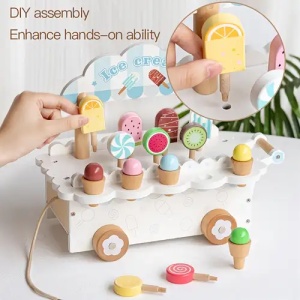 Carucior de Inghetata din Lemn cu Accesorii, snur de tras, Joc de Rol creativ, multicolor #JJ5139 - Img 3