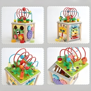Cub Educativ Montessori din Lemn, Multifunctional (Sortator, xilofon, ceas, labirint etc) #JJ5544 - Img 7