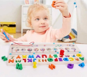 Joc Montessori 2 in 1 din Lemn, Sortare culori, Alfabet, creion magnetic #JJ5361 - Img 3