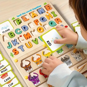 Joc Montessori 5 in 1 din Lemn, Sortare culori, Alfabet, Cuvinte, Desen, Operatii, cu Creion Magnetic si Marker #JJ5209 - Img 3