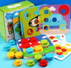 Joc Mozaic din Lemn cu Butoni Mari, potriveste culorile, tip Montessori #JJ5451
