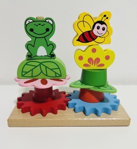 Jucarie Montessori din Lemn de Sortate si Stivuire cu 2 Coloane, figurine Albinuta si Broscuta #JJ5464