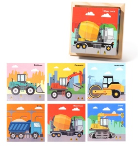 Puzzle 3D din Lemn, 9 Cuburi, 6 Fete, Model Utilaje, tip Montessori #JJ5491