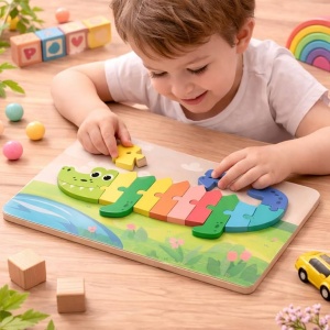 Puzzle din lemn cu placa suport, Crocodil, 11 piese mari, 30x15cm, Multicolor #JJ5596