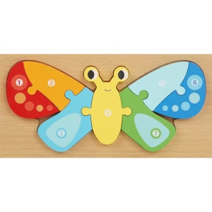 Puzzle din lemn cu placa suport, Fluturas, 7 piese mari numerotate, multicolor #JJ5567