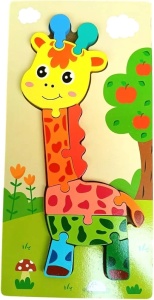 Puzzle din lemn cu placa suport, Girafa, 10 piese mari, 30x15cm, Multicolor #JJ5598
