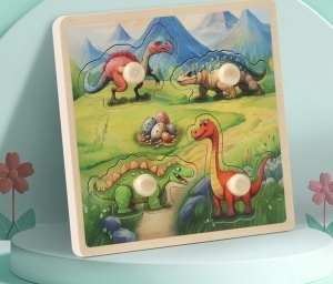 Puzzle Incastru din Lemn cu 4 butoni - Dinozauri #JJ5625 - Img 2