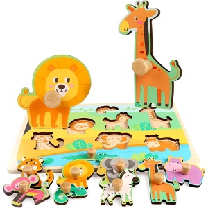 Puzzle Incastru Montessori din Lemn cu Maner: Animale din Jungla, 9 piese #JJ5323 - Img 3