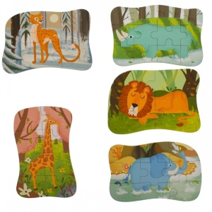 Set 5 Puzzle-uri cu Piese Mari in Cutie Metalica , Animale din Savana #JJ5651 - Img 4