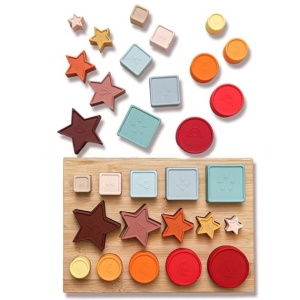 Set Educativ tip Montessori din Lemn si Silicon, cu Forme Geometrice Stivuibile, Multicolor #JJ5460 - Img 6