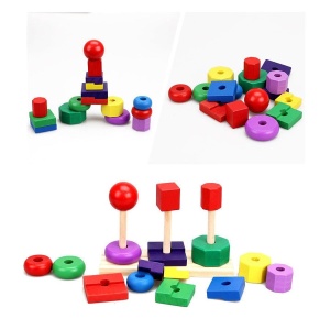 Sortator Montessori din Lemn 3 in 1 cu 3 Coloane si 16 Forme geometrice #JJ5488 - Img 4