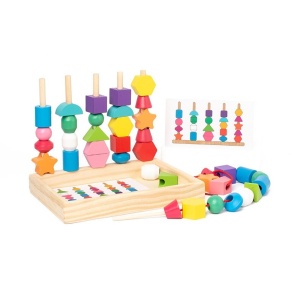 Sortator Montessori din Lemn cu 25 de Forme Geometrice, 16 Modele și 2 Sfori pt snuruit, Multicolor #JJ5119 - Img 1