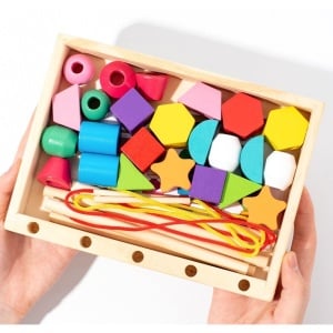 Sortator Montessori din Lemn cu 25 de Forme Geometrice, 16 Modele și 2 Sfori pt snuruit, Multicolor #JJ5119 - Img 10