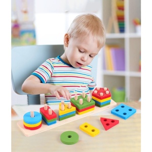 Sortator Montessori din lemn cu 5 coloane de pini și 20 forme geometrice #JJ5105 - Img 6