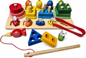 🌈Oferta zilei❗Joc Montessori din Lemn de Sortat si Pescuit cu Forme Geometrice, Pestisori si Albinute, Undita magnetica , Multicolor #JJ5118 - Img 9