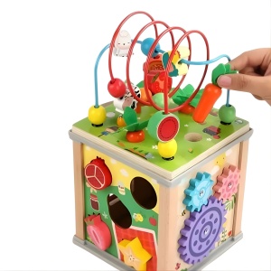 Cub Educativ Montessori din Lemn, Multifunctional (Sortator, xilofon, ceas, labirint etc) #JJ5544 - Img 4