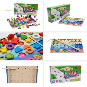 Joc Montessori din Lemn 4 in 1 cu Sortator Inele, Pestisori, Animale, X si 0, Forme Geometrice #JJ5571 - Img 3