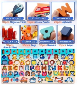Joc Montessori din Lemn 7 in 1 cu Litere, Cifre, Inele, Pestisori, Vehicule, si Forme Geometrice #JJ5144 - Img 4