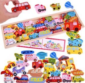 Joc puzzle Montessori Mijloace de transport din lemn, tip tetris, 26 piese 3D #JJ5039 - Img 1