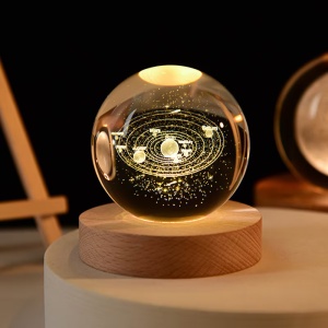 Lampa de Veghe Glob de Cristal 3D - Planete, baza de lemn, lumina calda #JJ5193 - Img 5