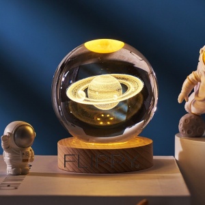 Lampa de Veghe Glob de Cristal - Model Saturn 3D, baza de lemn, lumina calda, alimentare USB #JJ5320 - Img 3