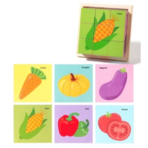 Puzzle 3D din Lemn, 9 Cuburi, 6 Fete, Model Legume, tip Montessori #JJ5490