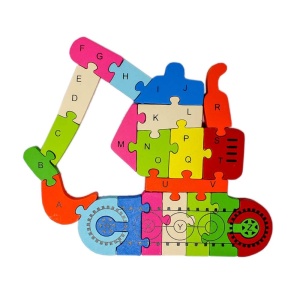 Puzzle 3D din Lemn Escavator fata/verso cu Alfabet/ Numere, 26 piese, multicolor #JJ5199 - Img 3