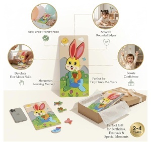 Puzzle din lemn cu placa suport, Iepuras, 9 piese mari, 30x15cm, Multicolor #JJ5611 - Img 5