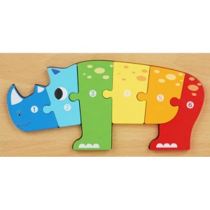 Puzzle din lemn cu placa suport, Rinocer, 6 piese mari numerotate, multicolor #JJ5566