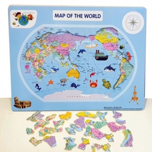 Puzzle din lemn Harta Lumii cu placa suport și 26 piese #JJ5085